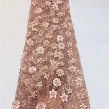 

African Lace Fabric Peach 3D Appliques Fabric High Quality Beads Lace Fabric African French Tulle Lace For Wedding