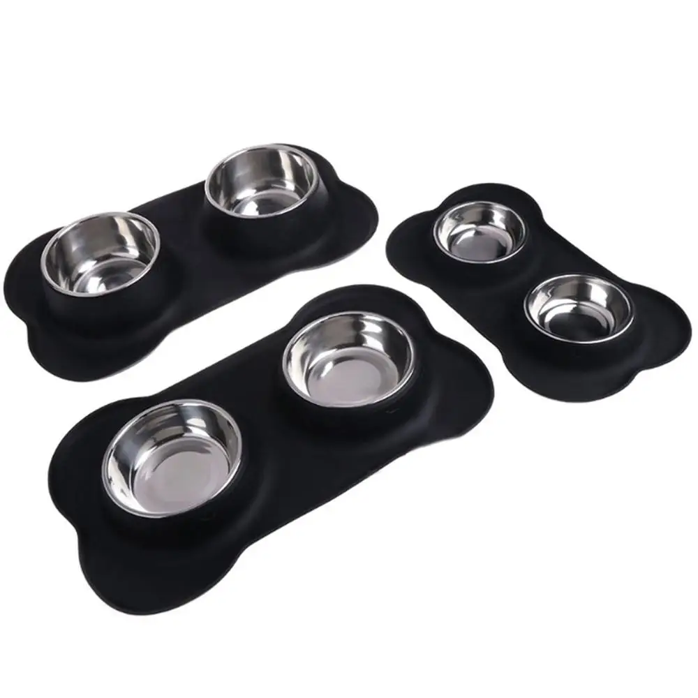

Silicone Bone Double Dog Bowl Pet Pad Pet Feeding Bowl Non-Slip Leakproof Dual-Use Pet Mat Black And Blue