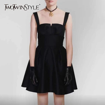 

TWOTWINSTYLE Sexy Evening Party Women Dress Square Collar Spaghetti Strap High Wiast Ruched Mini Elegant Dresses For Female Tide