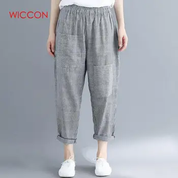

Women Autumn Fashion Elastic Waist Striped Patch Pockets Loose Cotton Linen Long Harem Pants Loose Wide Leg Trousers For Women
