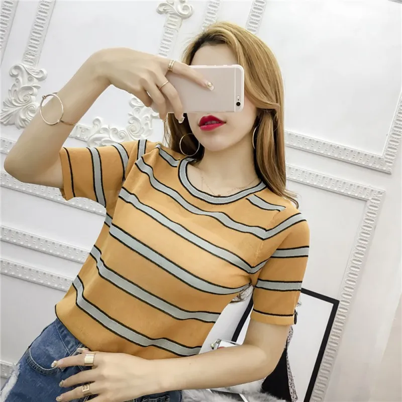 Woman Casual O-Neck Striped Short Sleeve Tshirt Thin Perspective Knitted Pullover T-Shirt Sweet High Quality Tops | Женская одежда