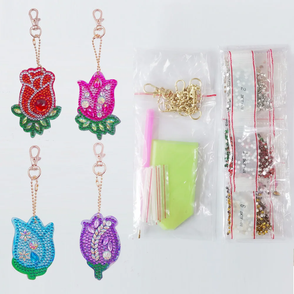 4Pcs DIY Rose Diamond Painting Keychain Full Drill Love Bag Hanging Ornaments Special Shaped Diamond Embroidery Cross Stitch