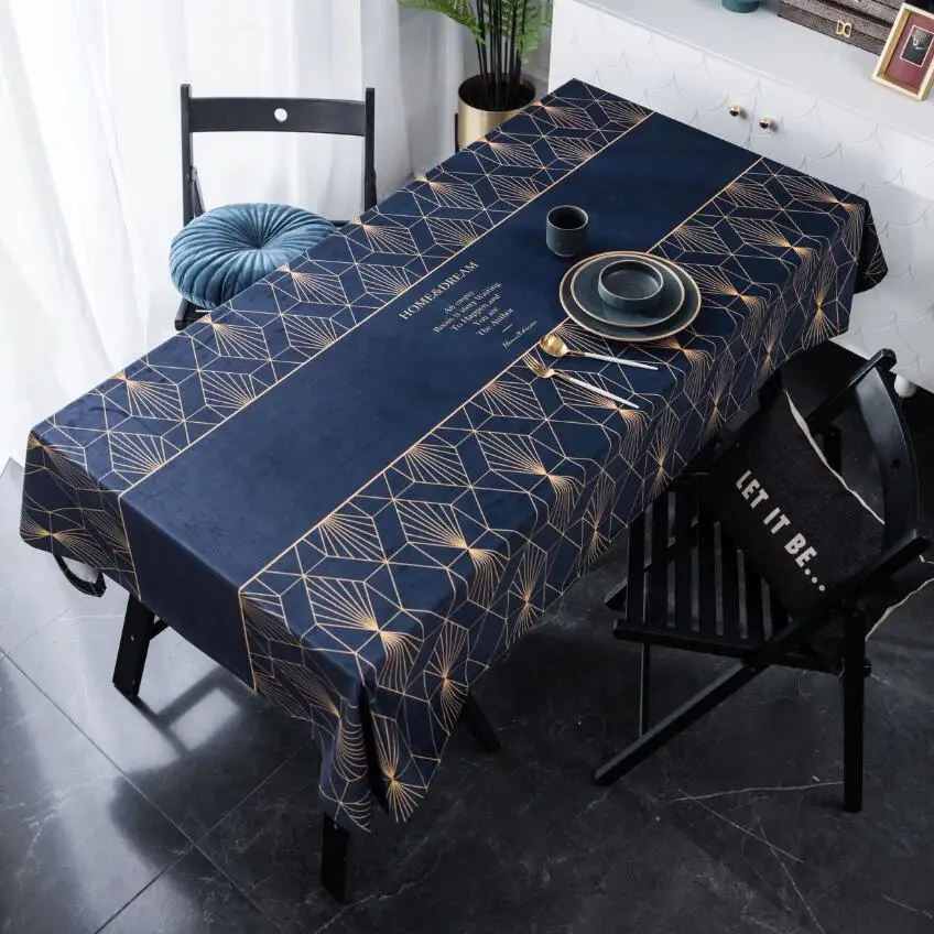 2019 New Luxury Velvet Table Cloth Decorative Geometric Print Navy Blue