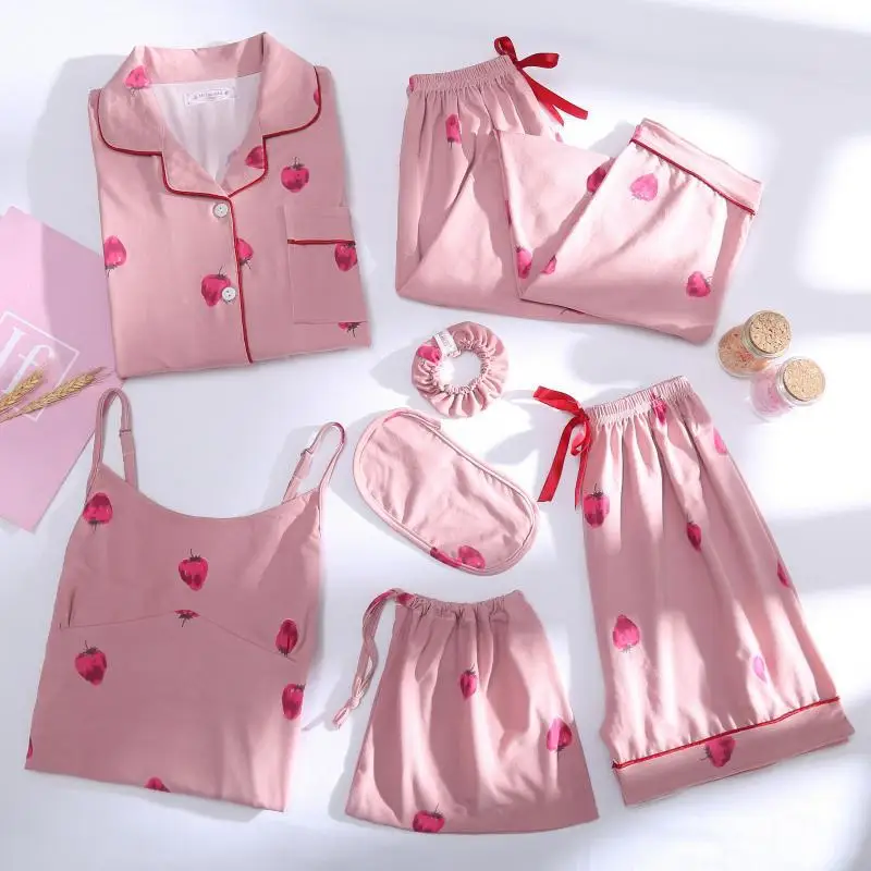 

Brand 7pcs Suit Ladies Sexy Silk Satin Pajama Set Female Pyjama Set Pink Print Sleepwear Spring Summer Home Wear Nightwear for W