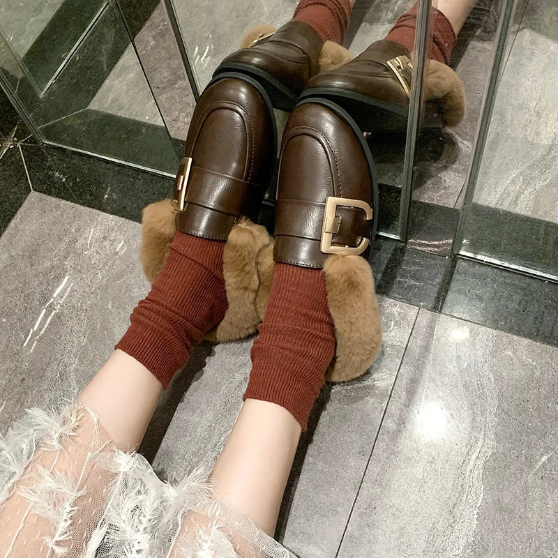 all match fur buckle slip-on moccasins winter new student outside casual loafers brand genuine rabbit hair warm women shoes