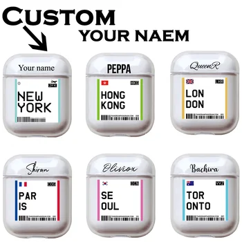 

Custom Name tourist Air tickets case for Apple Airpods 2 1 New York Seoul London Label Bar code Earphone Clear hard PC Cover hot