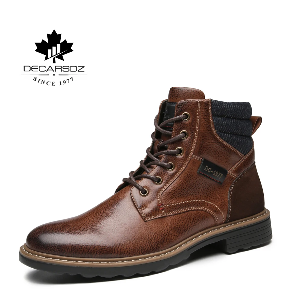 

Men High Quality Leather Boots Male Spring Casual Motorcycle Ankle Botas Hombre Men Lace-Up Basic Boots Man Fashion Men's Boots