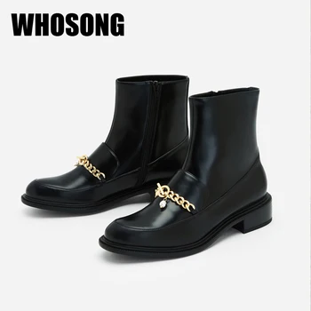 

Winter Women Chain Boots Ladies Chelsea Shoes Woman Black Ankle Boots Female Warm Brand Boots Girls Soft Fashion Botas Pearl New