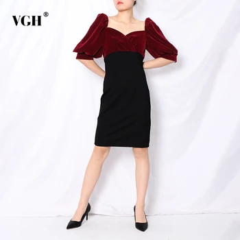 

VGH Slim Patchwork Hit Color Women Dress Square Collar Puff Sleeve High Waist Back Split Casual Dresses Female Fashion New Tide