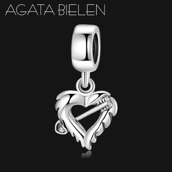 

High quality 925 Sterling Silver Angel feather heart shape with arrow Charm Pendant fits Original Pandora Bracelet Beads Jewelry
