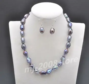 

Long 18" 9-10mm Gray Culture Pearl Necklace+Earring