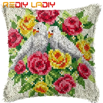 

Latch Hook Cushion Pigeon Rose Pre-Printed Canvas Cushion Front Acrylic Yarn Crochet Pillow Case Kits Sofa Bed Pillow Home Decor