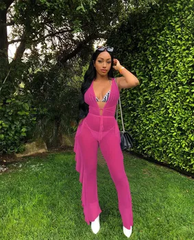 

Women Sexy Deep V-Neck Backless Transparent Jumpsuits Ruffles Sleeveless Ruffle Beach Mesh Rompers Bandage Wide Leg Overalls