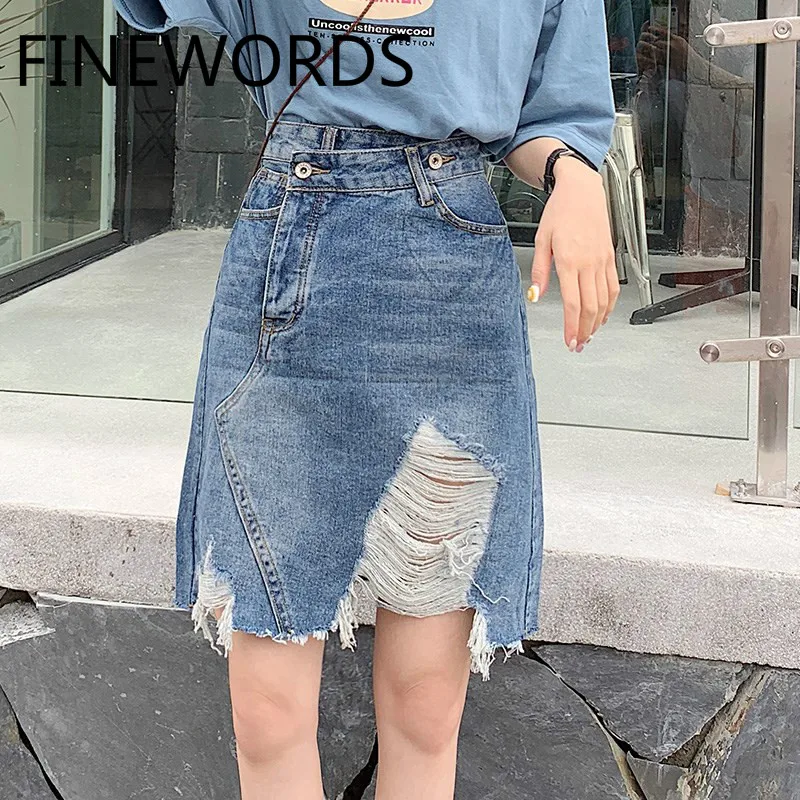 

FINEWORDS Korean Streetwear Blue Ripped Denim Skirt High Wasit Casual Vintage Skirt A Line Midi Punk Jeans Skirt 2020 Jupe Femme