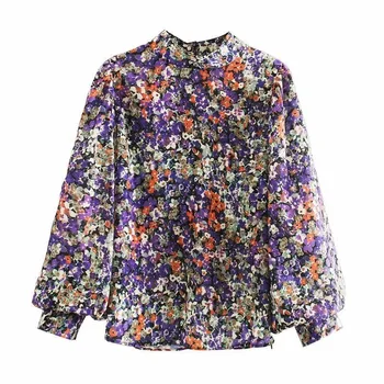 

Women Retro Purple Print Turtleneck Blouse Puff Sleeve Chic Female Casual Loose Shirt Blusas Femininas
