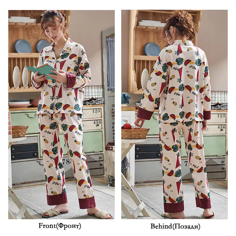 Зимние пижамы; комплект одежды из 2 предметов; Трикотажная хлопковая пижама с принтом; повседневная женская пижама с отложным воротником; домашняя одежда