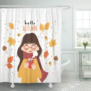 

Cute Girl in Warm Sweater and Glasses Holding Bathroom Curtains Waterproof Polyester Fabric 60 x 72 inches Set with Hooks