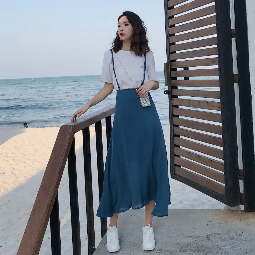 

Photo Shoot Main Push CHIC Dress Outfit Western Style Summer Very Fairy Drape Chiffon Bean Big Hemline Suspender Skirt Short T-s