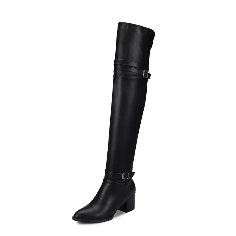 MORAZORA/ г. Большие размеры 34-48, модные зимние сапоги выше колена Дамская обувь на высоком каблуке с острым носком и пряжкой женские сапоги 2 цветов - Цвет: Черный