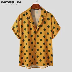 Homem casual botão chemise streetwear incerun 2021 verão havaiano impresso camisa masculina de manga curta polka dot impressão S 5XL