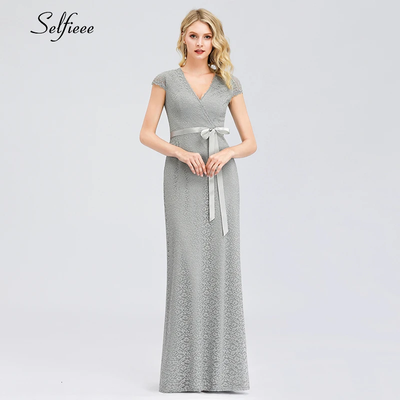 

Elegant Grey Maxi Dress Straight V-Neck Shot Sleeve Bow Sashes Lace Dress Ladies Simple Beach Style Party Dress Ropa Mujer 2019