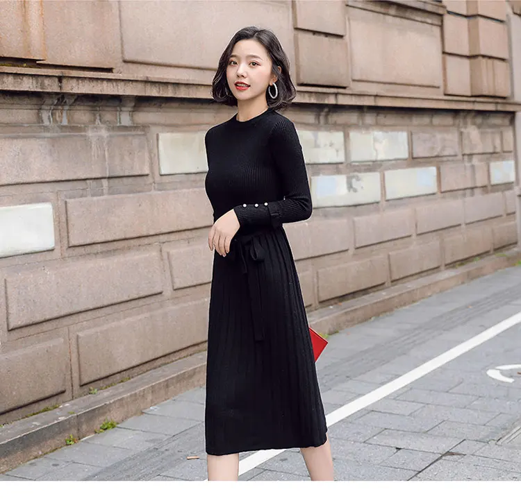 Fashion Autumn Sweater Dress Women Knitted Dress Elegant Women High Waist Pleated Dresses Korean Woman Pullovers Sweater Dresses