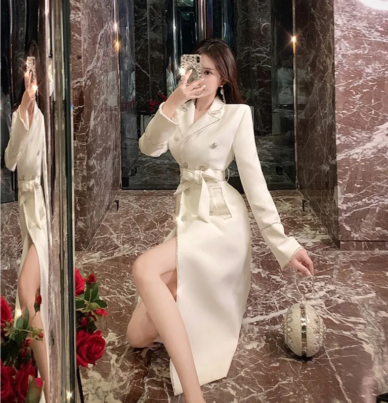 Fashion Autumn Celebrity Lady's Water Drilled Diamond Double-breasted Suit Dress Slim Shiny Women Blazer Dress