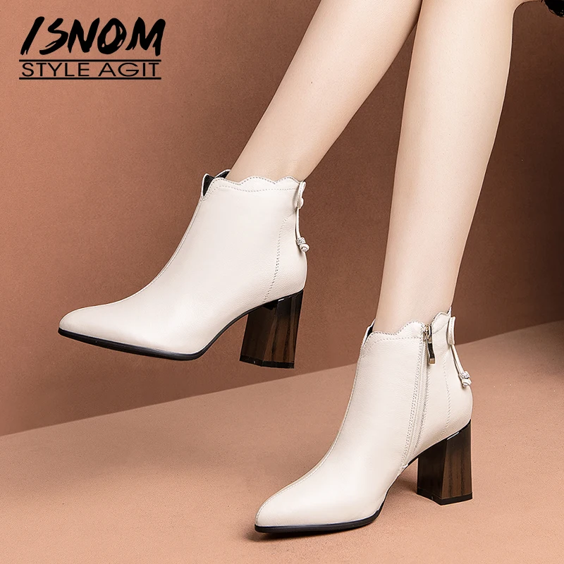 Женские ботильоны из коровьей кожи ISNOM толстые ботинки на высоком каблуке