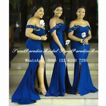 

2020 Royal Blue Bridesmaid Dresses Long Sexy Side Split Beads Off Shoulder African Women Wedding Party Dress Vestidos