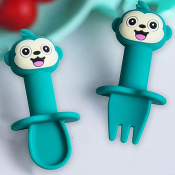 

2Pcs/Set Detachable Baby Spoon Fork Set Cartoon Monkey Silicone Teether Toys Anti-slip Feeding Training Utensils