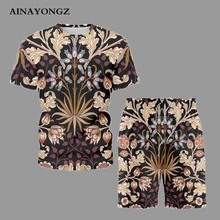 

2021 Retro Men's Sets Summer Cool Short Outfit Trendy Male Casual T-Shirt Shorts Set Beautiful Flowers Digital Print Beach Suit