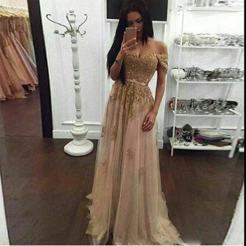 

Stunning Champagne Lace Arabic Evening Dresses Sweetheart A Line Appliques Tulle Prom Dresses Formal Party Gowns