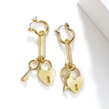 

AENSOA Minimalist Gold Color Long Heart Lock Key Shape Drop Earring For Women Fashionable Handmade Alloy Earrings Gift Jewelry
