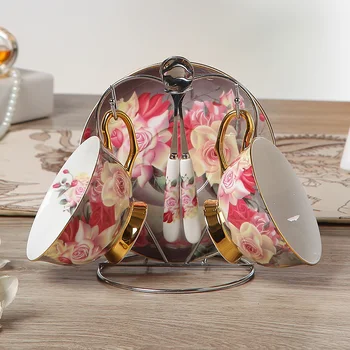 

European style bone china coffee cup classical rose coffee mug set ceramic water cup tea cup English flower saucer spoon HP52501