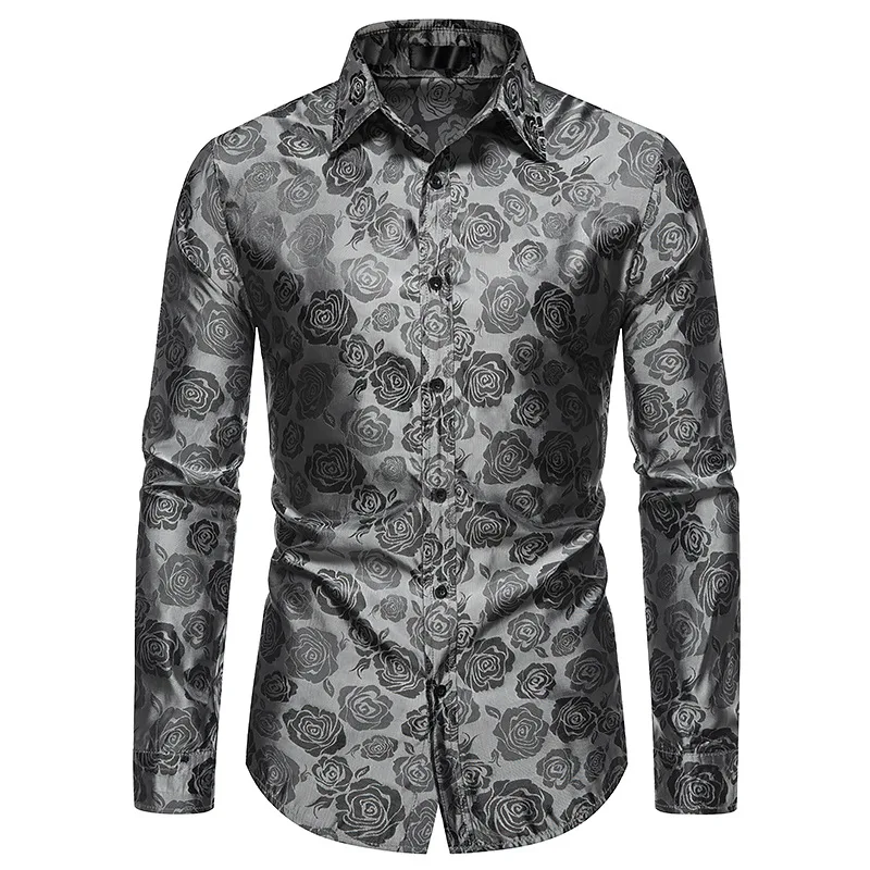 Long Sleeve Shirt Men Casual Shirt Men's Long Sleeve Button Shirt Rose Print Casual Shirt Slim Dress