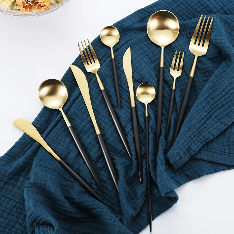 Black Gold Cutlery Set Dinner Dessert Fork Spoon Knife Set Wedding Dinnerware 304 Stainless Steel Tableware Fork Spoon