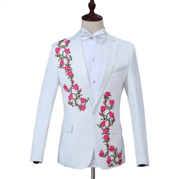 

Casual Slim Floral White Men Suit Blazer（jacket + pants）Pianist Wedding Groom Chorus Suit Coat Gentleman School Activities Tops