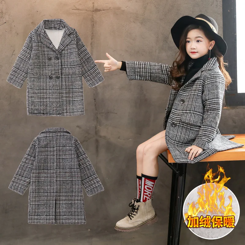

Plus Velvet Girls Woolen Jacket Autumn And Winter Korean-style Thousands of Birds Mid-length Trench Coat Children Woolen Overcoa