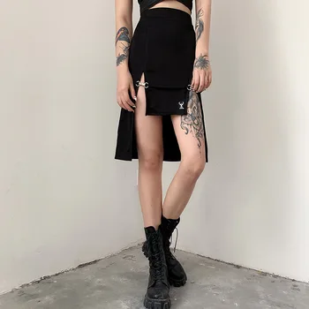 

NCLAGEN 2020 Autumn Women Metal Buckle Hooks Patchwork Split Skirt Irregular Vintage Fitness Bodycon Party Club Black Skirts