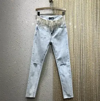 

Shiny fringed rhinestone personalized jeans female 2020 spring European style high waist elastic hole denim pencil pants r397