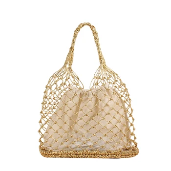 

Pure Gold Thread Crochet Knitting Bag Portable Female Shi Sen Department of Straw Beach Bag