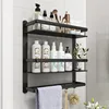 Bathroom Black Shelf Aluminum Shower Caddy Corner Shelves Bath Towel Rack Shampoo Holder with Towel Bar Hook Hair Dryer Holder ► Photo 1/6