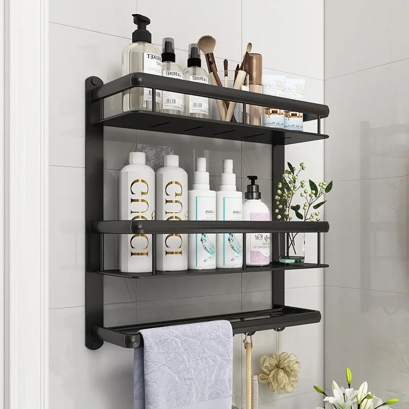 Bathroom Black Shelf Aluminum Shower Caddy Corner Shelves Bath Towel Rack  Shampoo Holder With Towel Bar Hook Hair Dryer Holder - Bathroom Shelves -  AliExpress