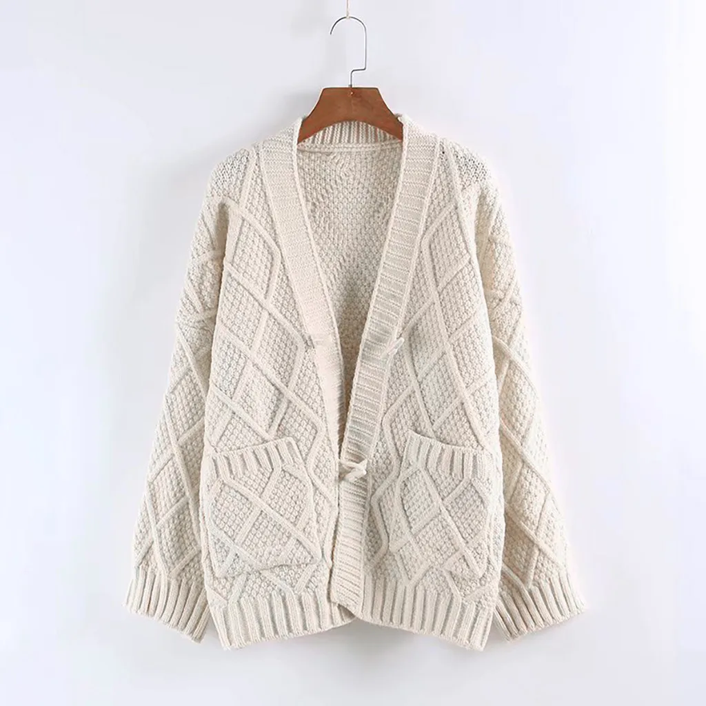 Beige Женское модное пальто-кардиган с v-образным вырезом, Зимний твист плетеный кардиган на пуговицах, свитер, Свободный Повседневный трикотажный жакет с карманами L1114 - Цвет: Beige