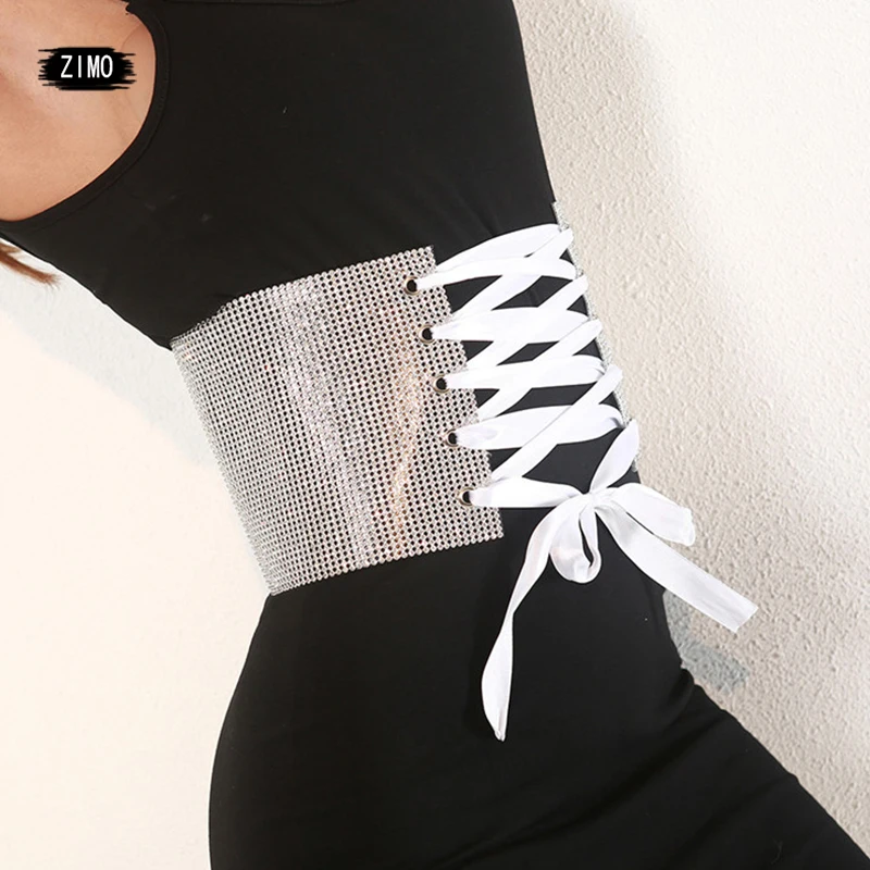 

women belts underbust metal corset high wide belts black corset fashion diamond sparkly white Gold party club designer Vest Belt