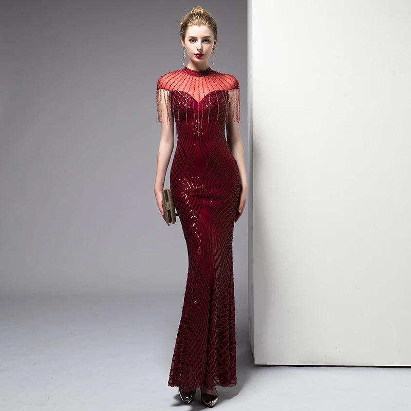 

AE482 Wine Red 2019 Sequined Mermaid Evening Dresses See Through High Neck Floor Length Long Party Dress for Women
