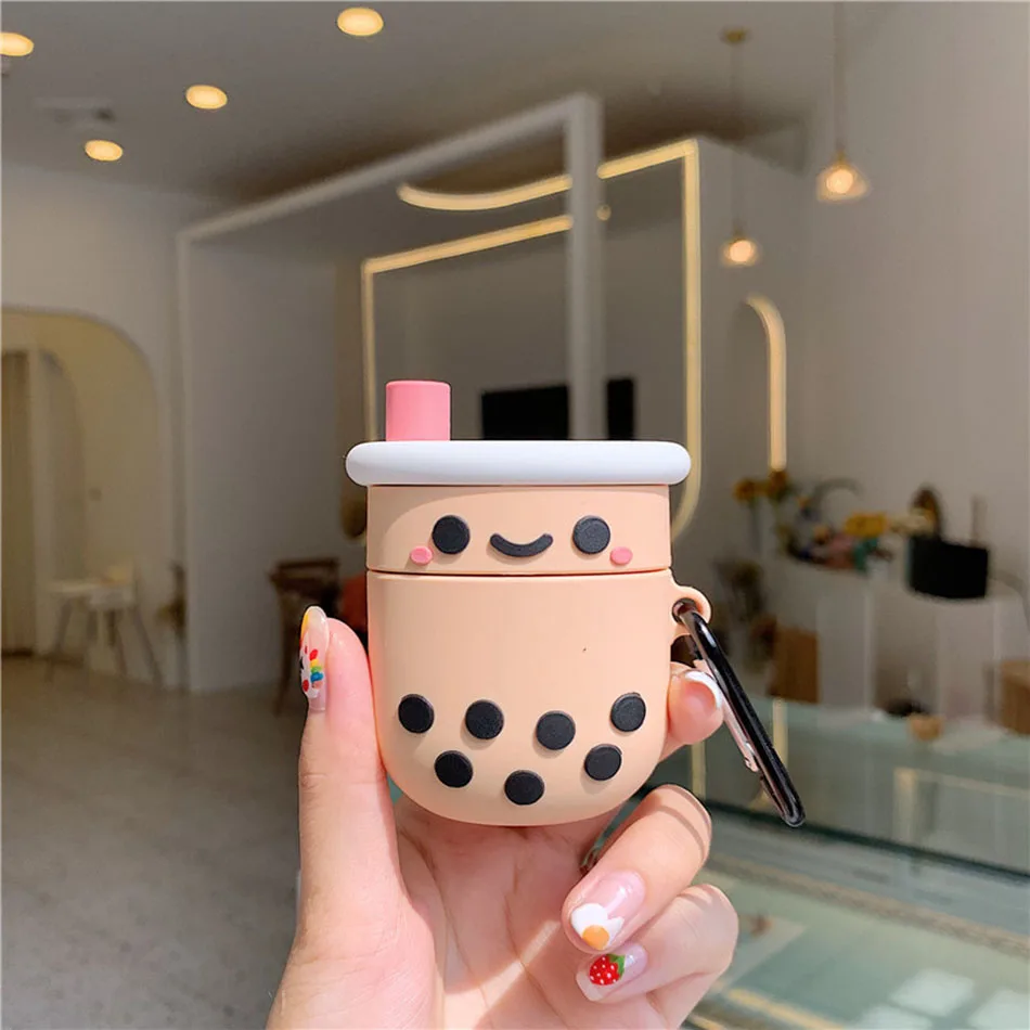 Чехол для наушников Boba Milk tea для Apple AirPods 2, милый силиконовый чехол для наушников с зыбучим песком, защитная 3D крышка для ключей с брелоком - Цвет: Boba milk tea