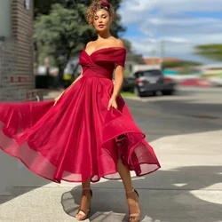 Tea Length Off-The-Shoulder Red Gorgeous Evening Dresses for Women Party 2022 Sleeveless Dress with Puffy Tulle Zipper Back