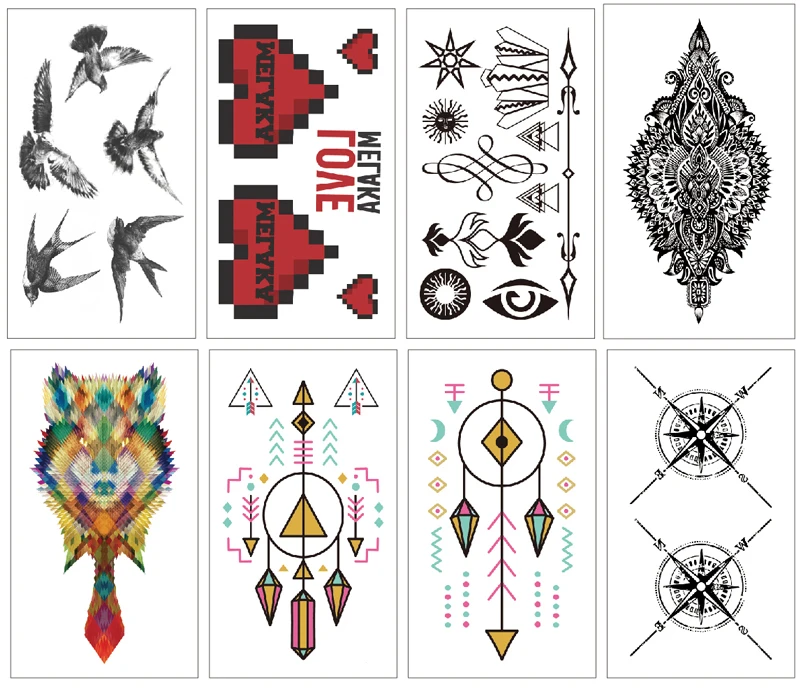 8pcs Temporary Tatoo Fake Tattoo Sticker Waterproof Tatto Love Heart Compass Crystal Tattoos Tatouage For Women Girl Men Kids