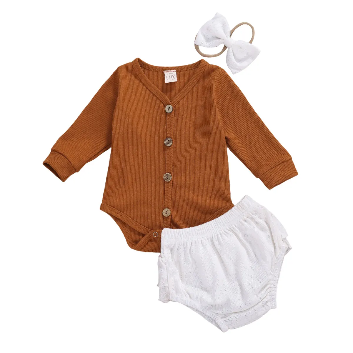 

3Pcs Toddler Newborn Baby Spring Autumn Clothes Set Long Sleeve Button Solid Kintted Jumpsuit+Ruffle Shorts+Headband Party Suit